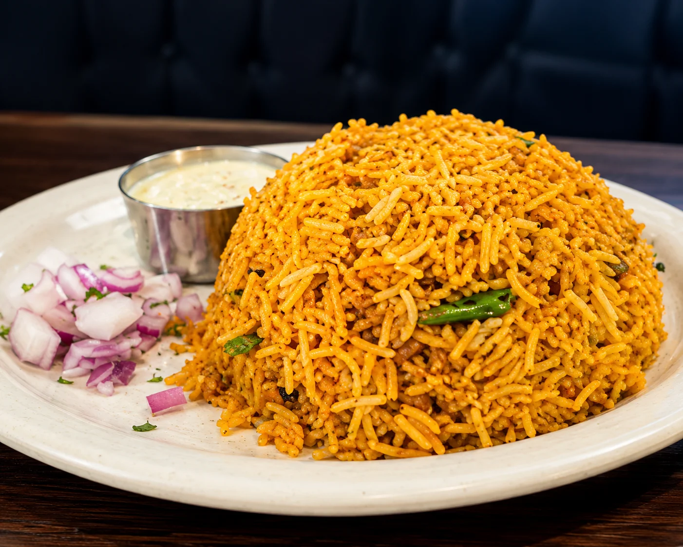 Chicken 65 Biryani — aromatic basmati biryani at Krishna's Dosa Grill Surrey, BC