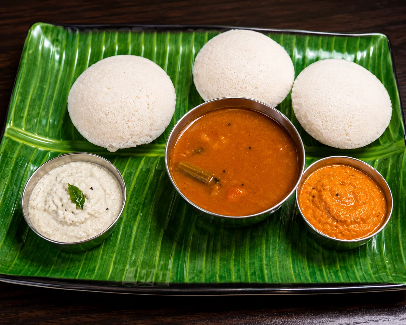 Soft idli served with sambar and coconut chutney at Krishna's Dosa Grill Surrey